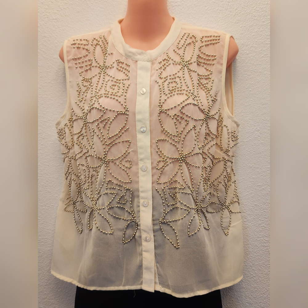 Cream Sleeveless Blouse with Mandarin Collar and Beaded Embellishments